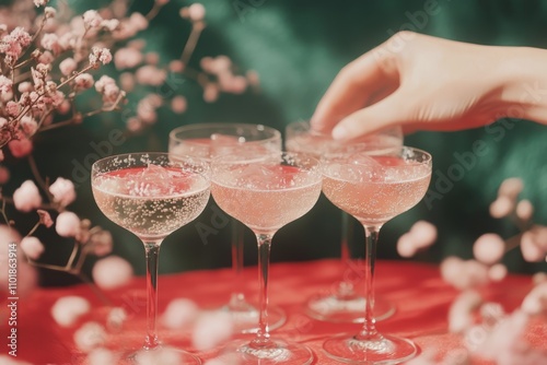 Refreshing cocktails with ice surrounded by delicate flowers at a vibrant gat...