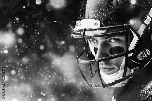 Intense football player wearing helmet and eye black during snowstorm at night