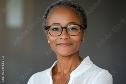 Portrait of a woman wearing glasses in a neutral tone setting with a serene e...