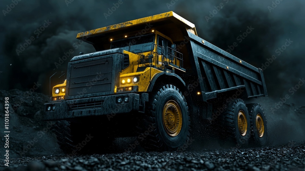 Gold ore transportation in the open-pit mining industry with a large yellow mining truck. Gold ore transportation in the open-pit mining industry with a large yellow mining truck.