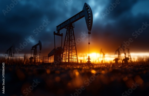 The Saudi price war has led to a drop in oil market prices. Oil pumps and drilling derricks silhouetted at sunset highlight the crude oil industry and petroleum production, depicted in a 3D photo