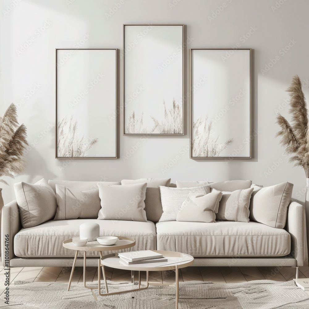 Minimalist living room interior with a beige sectional sofa. three empty frames. a coffee table. and a throw blanket Minimalist living room interior with a beige sectional sofa. three empty frames. a coffee table. and a throw blanket