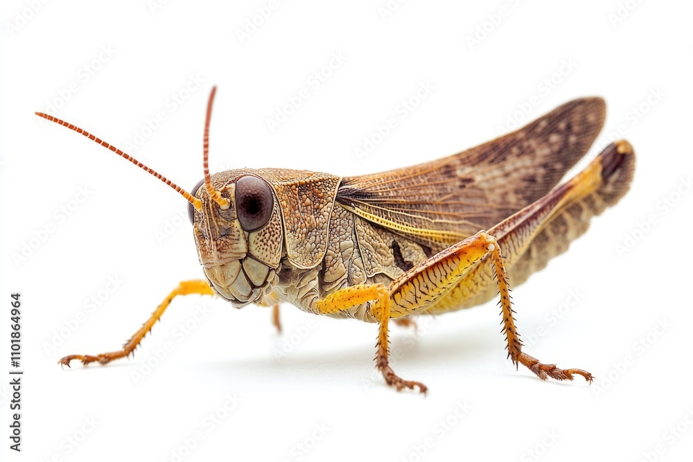 A close-up view of a grasshopper sitting on a plain white background A close-up view of a grasshopper sitting on a plain white background