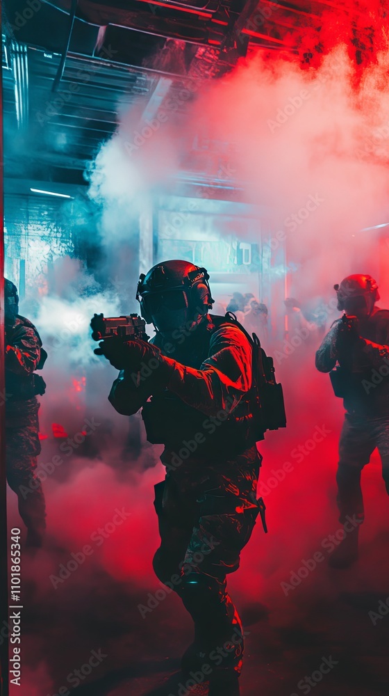 Fototapeta premium Military Special Forces in Action: Smoke and Red Lighting