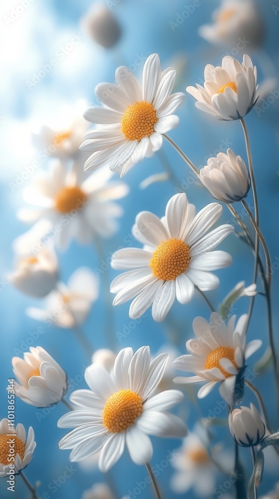 Obraz premium Fresh daisies arranged on a blue background create a vibrant display of natures beauty