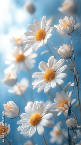 Fresh daisies arranged on a blue background create a vibrant display of natures beauty