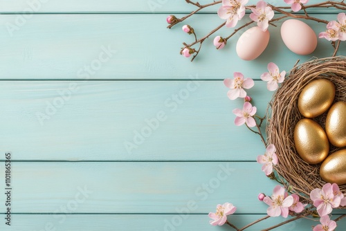 Golden eggs in a nest surrounded by cherry blossom branches on a light blue b...