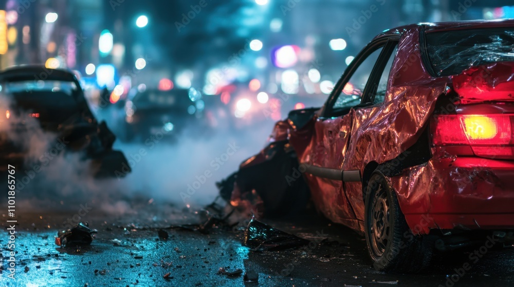 Fototapeta premium Damaged cars in a rear-end collision with smoke and blurred lights, capturing the tension of the crash aftermath