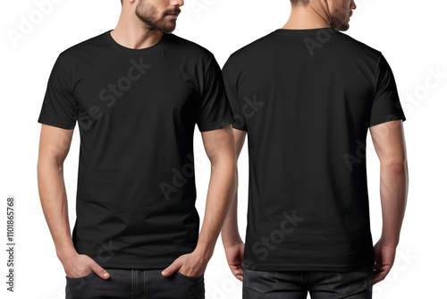 Black t-shirt for mockup on male model, front and back view, isolated on white or transparent background