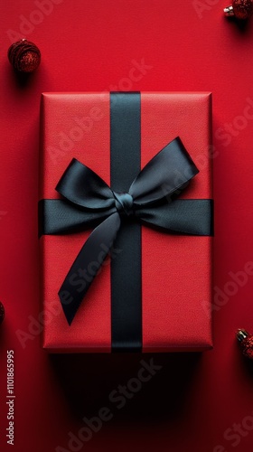 Festive red gift wrapped in satin ribbon on a vibrant background for special ...