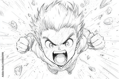 manga character with spiky hair is depicted in intense battle pose, shouting with determination. background features explosive effects and flying debris, enhancing dramatic scene