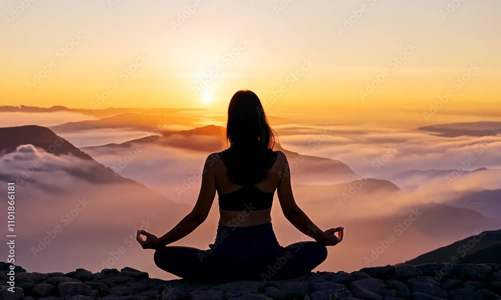 Woman Sitting on Mountain Peak at Sunset Meditating as Day Turns Into Night Woman Sitting on Mountain Peak at Sunset Meditating as Day Turns Into Night