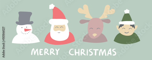 Merry Christmas and happy new year greeting card with cute simple Santa Claus, little elf, snowman and deer. Holiday cartoon flat character in winter season.