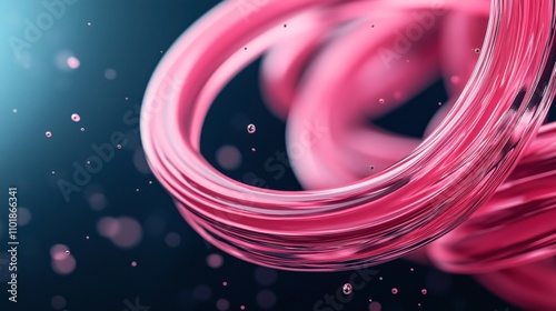 Abstract composition of intertwined pink glass-like rings with floating droplets on a dark gradient background