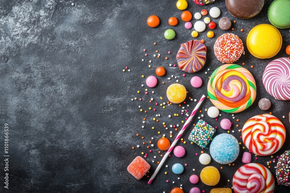 A vibrant variety of candies including lollipops, gummies, chocolate, and sugar-coated treats is spread on a dark table, showcasing bright colors and playful designs perfect for any celebration A vibrant variety of candies including lollipops, gummies, chocolate, and sugar-coated treats is spread on a dark table, showcasing bright colors and playful designs perfect for any celebration