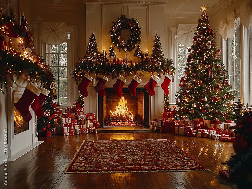 Cozy Christmas Scene with Fireplace Glowing Tree Cozy Christmas Scene with Fireplace Glowing Tree