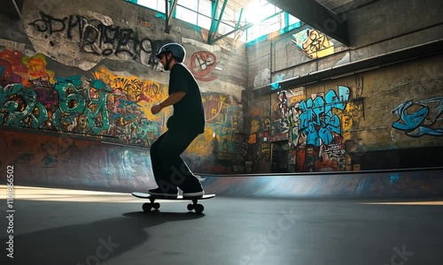 Energetic Skateboarder Performing Tricks in Urban Skate Park Surrounded by Colorful Graffiti on a Bright Sunny Day photo