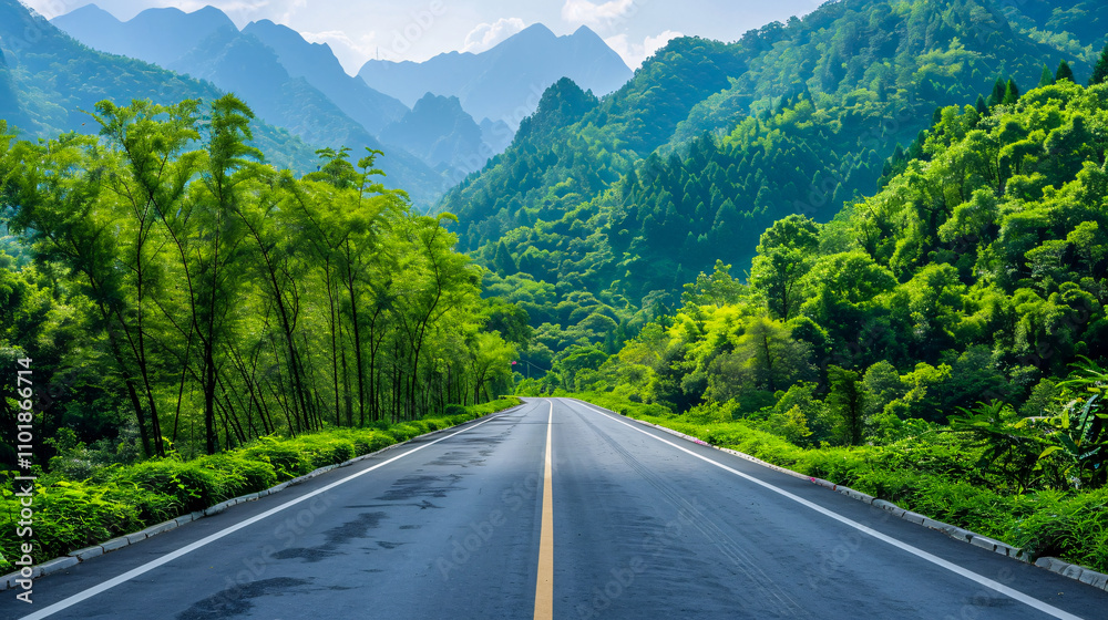 Asphalt road and green forest with mountain nature landscape in Hangzhou, China. Asphalt road and green forest with mountain nature landscape in Hangzhou, China.