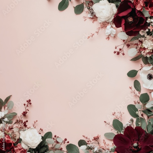 Floral arrangement with white and burgundy flowers on a soft pink background