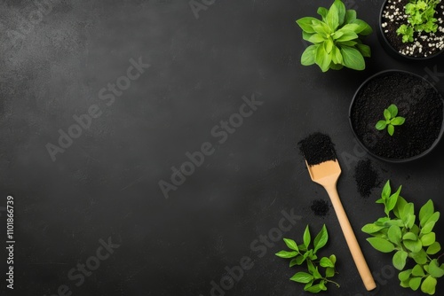 Preparing fresh herbs for planting in pots on a dark background with gardenin...