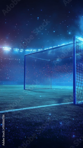 Brightly lit soccer goal on an artificial turf field at night
