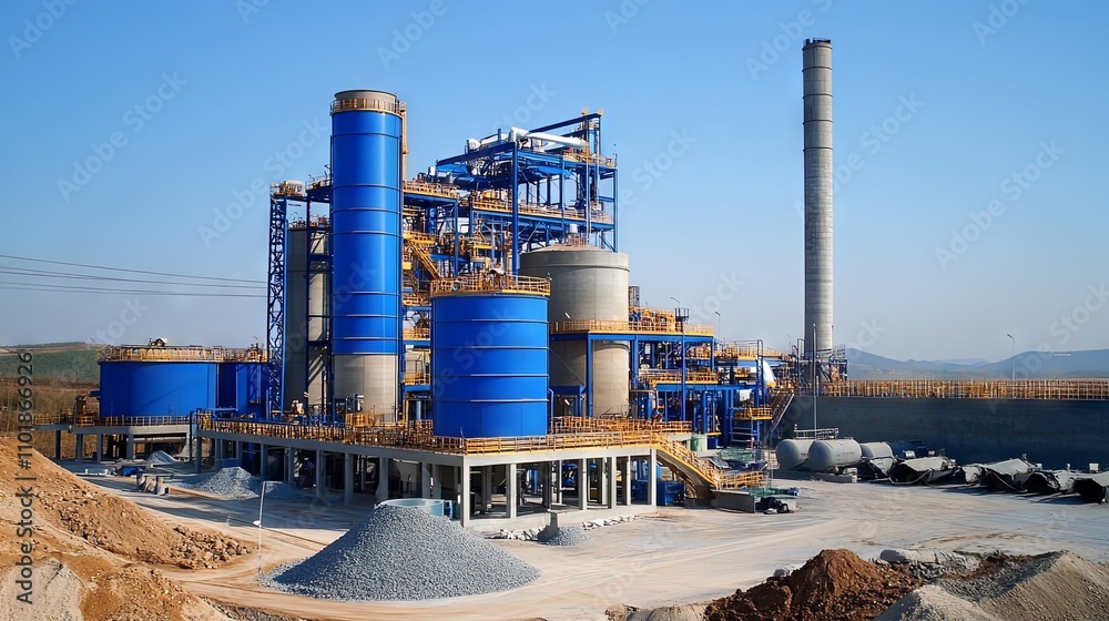 Obraz premium Industrial Complex with Blue and Yellow Steel Structures