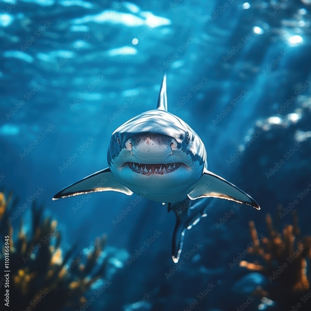 Naklejka premium A great white shark swims towards the camera with its mouth slightly open, showing its sharp teeth. The shark is in clear, blue water, with sunlight shining through the surface.