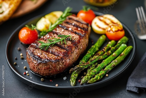 Grilled steak with asparagus on a plate garnished with herbs and spices