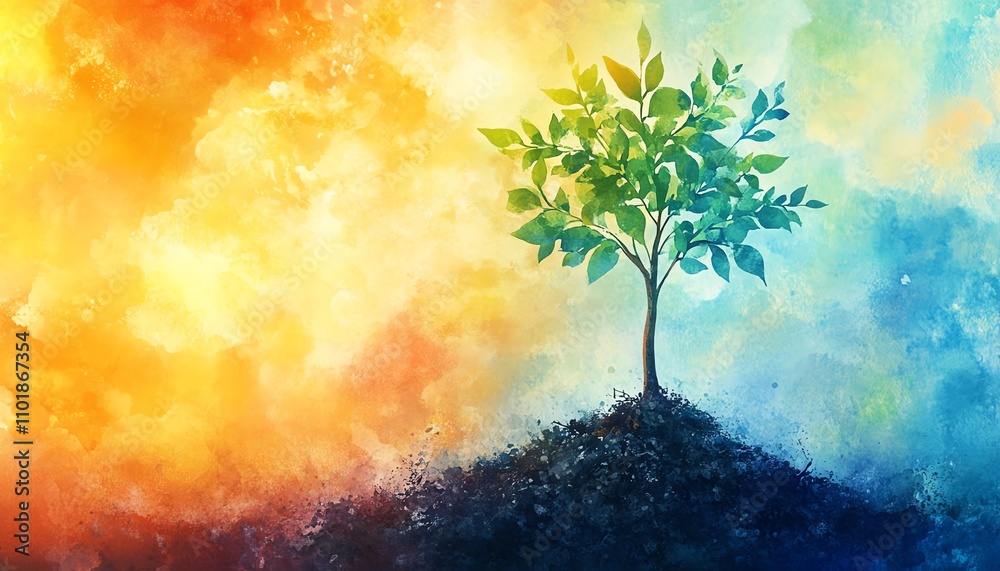 A tiny mustard seed sprouting in the soil, surrounded by a watercolor backdrop of a grand tree, symbolizing faith s potential for great growth A tiny mustard seed sprouting in the soil, surrounded by a watercolor backdrop of a grand tree, symbolizing faith s potential for great growth