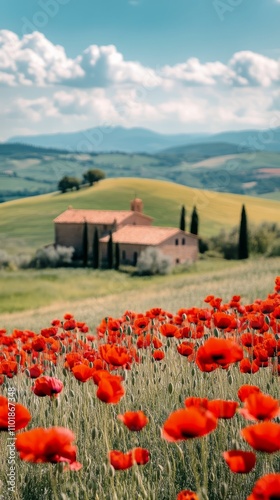 Vibrant poppy field in Tuscany under a bright blue sky with distant mountains