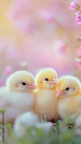 Four fluffy yellow chicks perched on a branch in a dreamy spring setting