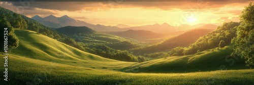 Serene sunrise over misty mountains and lush green hills in a tranquil landscape