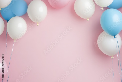 Colorful balloons create a festive atmosphere on a soft pink background for c...