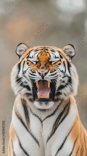 Majestic tiger roaring with intensity against a blurred background at dusk