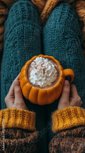 Warm pumpkin spice drink in cozy sweater during autumn afternoon