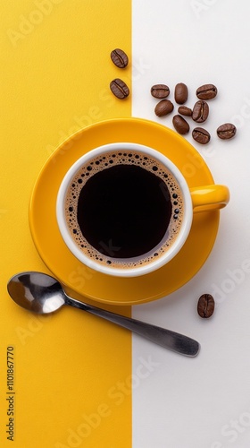 Bright yellow background with a black coffee cup, beans, and a spoon on a whi...