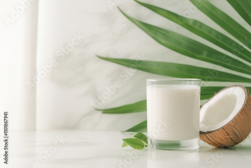 Coconut milk in a clear glass beside a halved coconut on a marble surface wit...