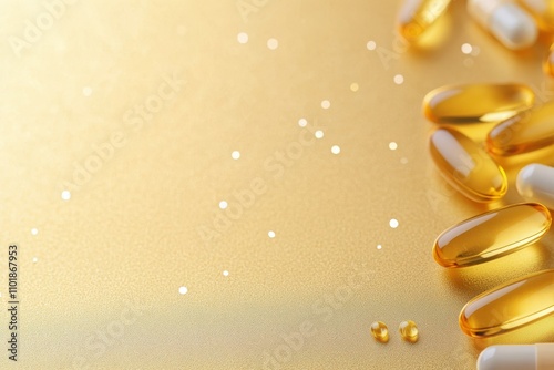 Variety of dietary supplements and vitamins on a golden surface during a well...
