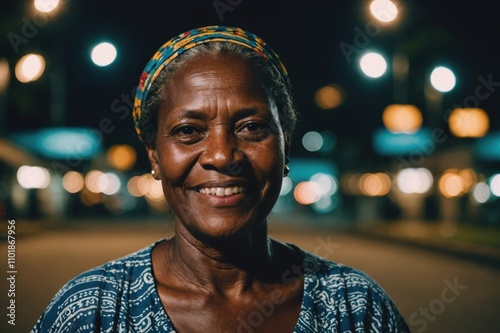 Close portrait of a smiling senior Vanuatuan woman looking at the camera, Vanuatuan city outdoors at night blurred background photo