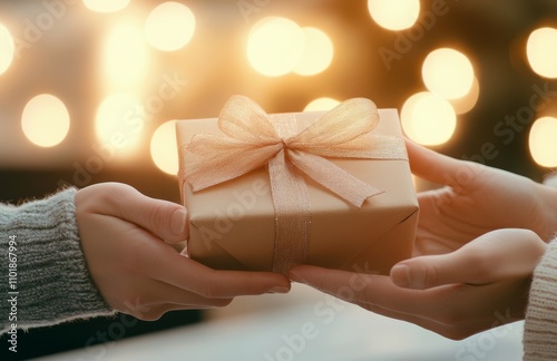 Celebration of joy with a person receiving a beautifully wrapped gift in a co...