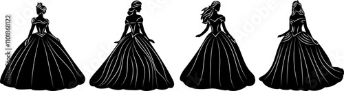 women in ball gowns silhouette vector