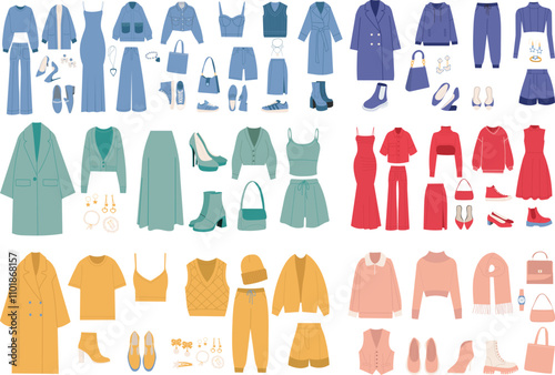 set of clothes by colors in flat style, vector