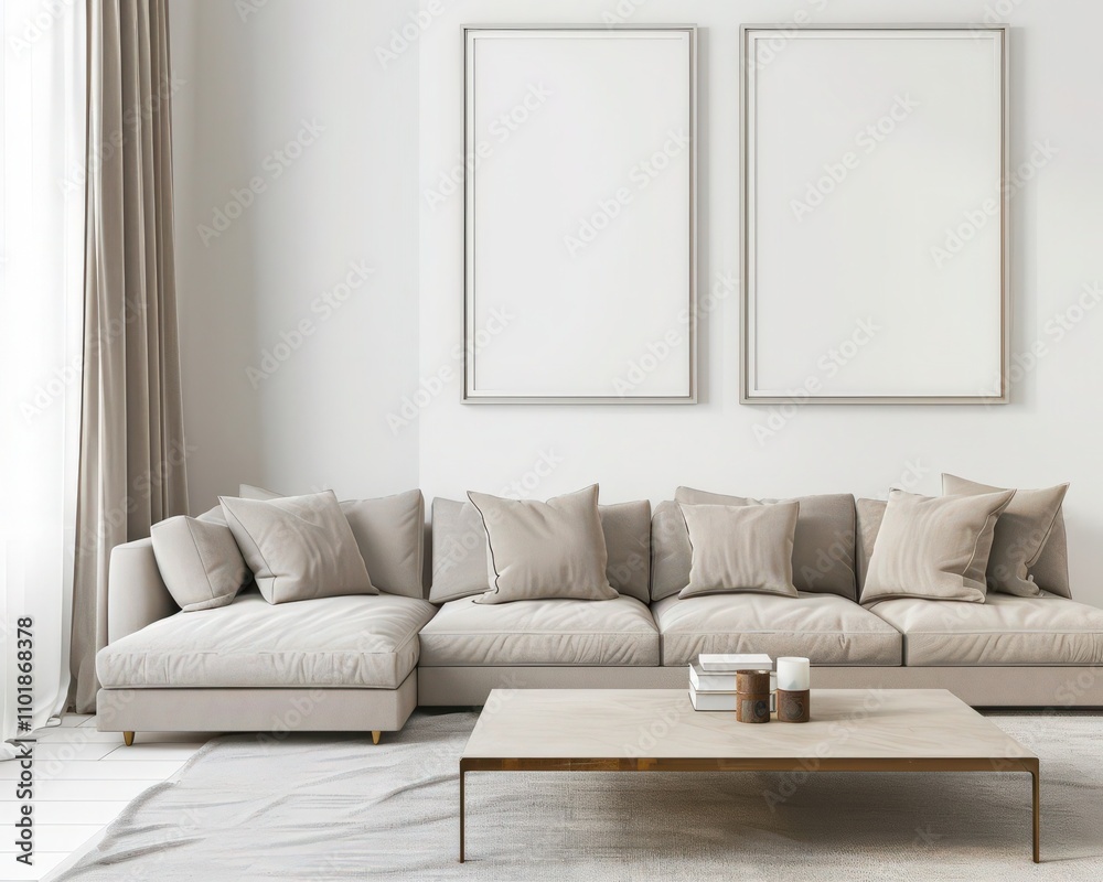 Two blank picture frames above a beige sofa in a modern living room with a wooden coffee table and a throw blanket Two blank picture frames above a beige sofa in a modern living room with a wooden coffee table and a throw blanket