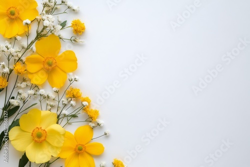 Bright yellow flowers arranged artistically with white accents on a light bac...