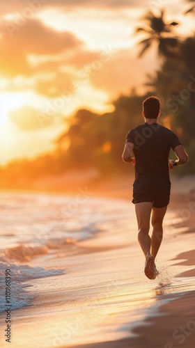Man jogs along the beach during sunset near the ocean waves on a warm evening