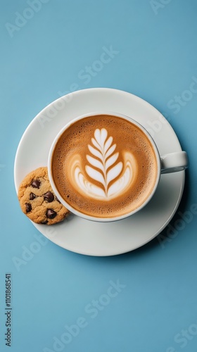 Warm cup of latte art beside a freshly baked chocolate chip cookie on a blue ...