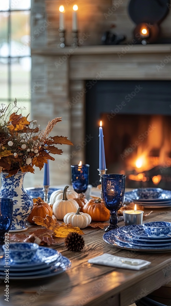 festive table setting for halloween, autumn decor, pumpkins and flowers, ceramics and gzhel painting festive table setting for halloween, autumn decor, pumpkins and flowers, ceramics and gzhel painting