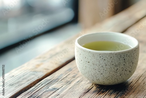 Coffee cup and plant arrangement on wooden table during morning hours
