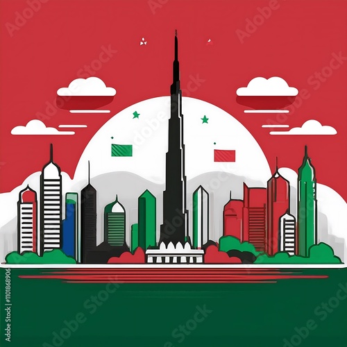 UAE National day, National Day of United Arab Emirates. National Day Concept Design, flag of united Arab emirates in desert background, wave flag of UAE, flag day
 photo