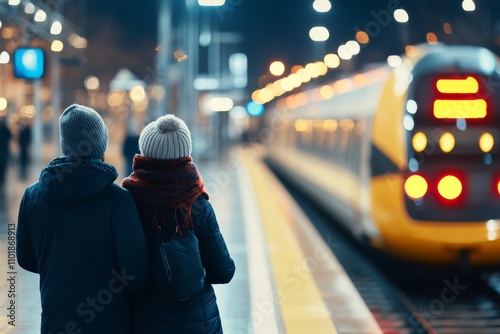 Couple waiting at a train station during snowfall for an approaching red train